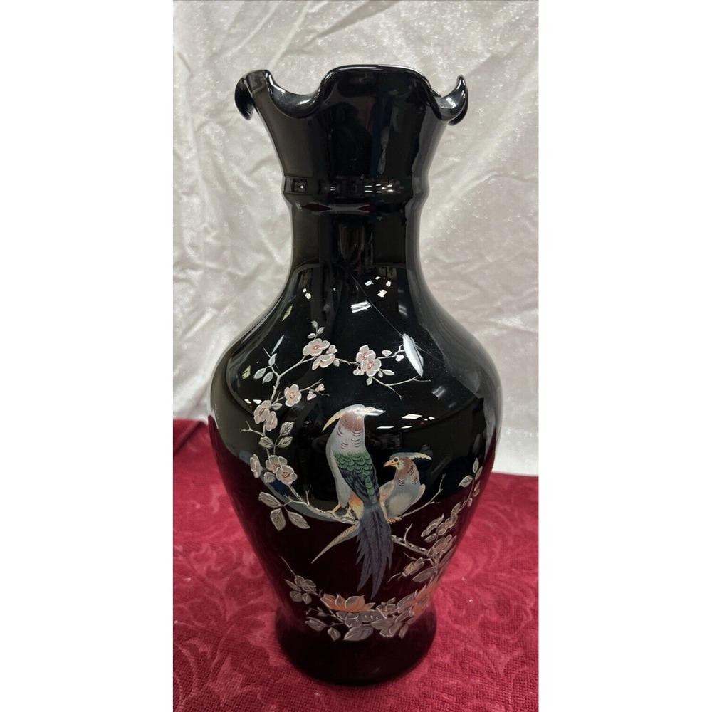 Vintage Japan Black Vase Gold Trim Pheasant Bird Flowers Bud Vase 3.5 Inches1478